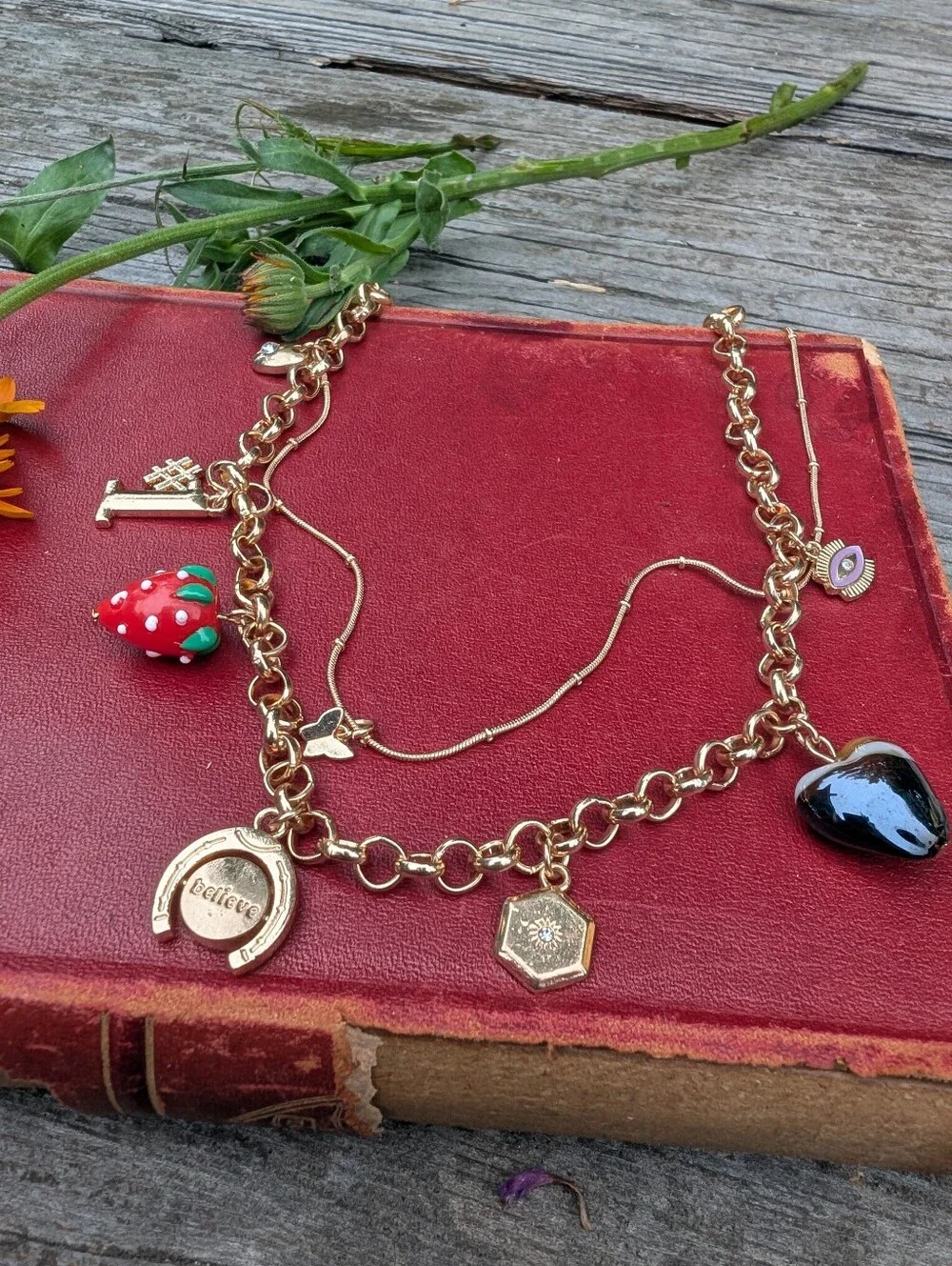Gold-Tone Charm Necklace with Red Strawberry and Glass Heart